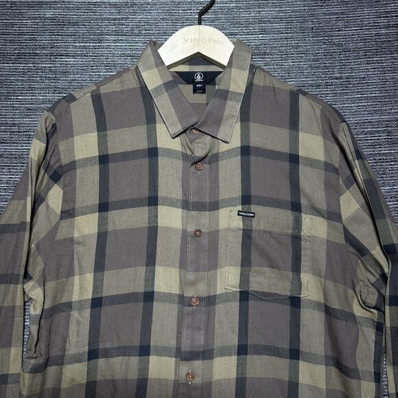 Volcom Shirt Men's Large Brown Plaid Long Sleeve Button Up - Picture 1 of 14